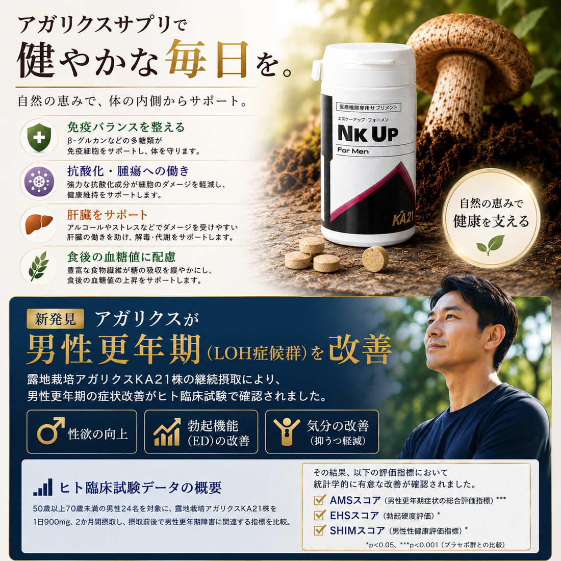 【医師解説】アガリクスが男性更年期（LOH症候群）・EDを改善？最新研究で判明した驚きの効果